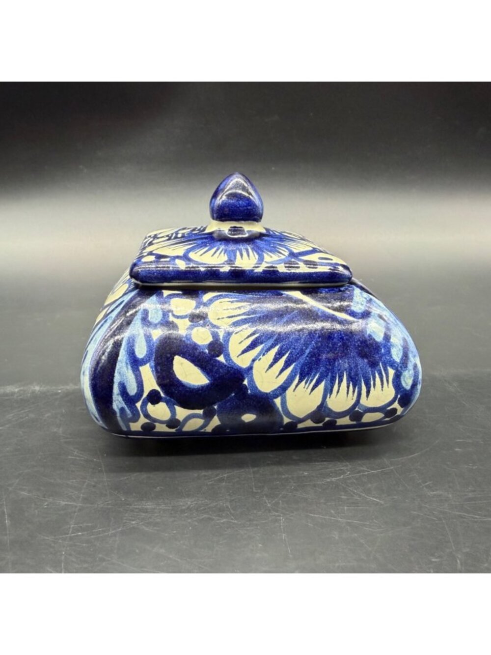 Talavera Mexico Trinket Box Blue Floral Hand Painted Pottery Signed R Venegas - Picture 2 of 13